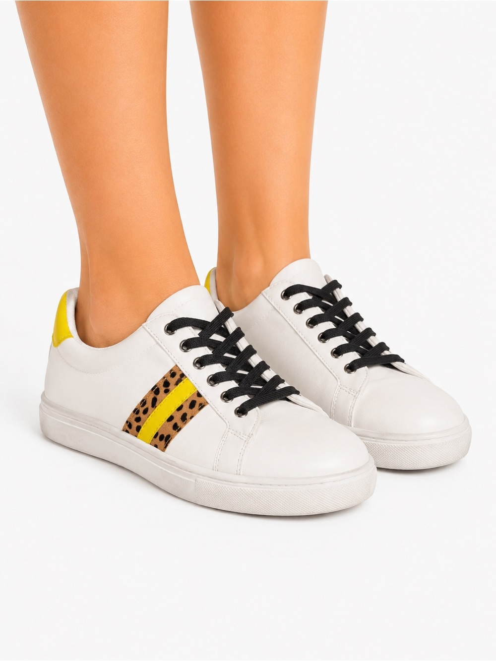 Jellypop Size 7.5 White Sneakers Yellow & Leopard Accent Women's Tennis Shoes